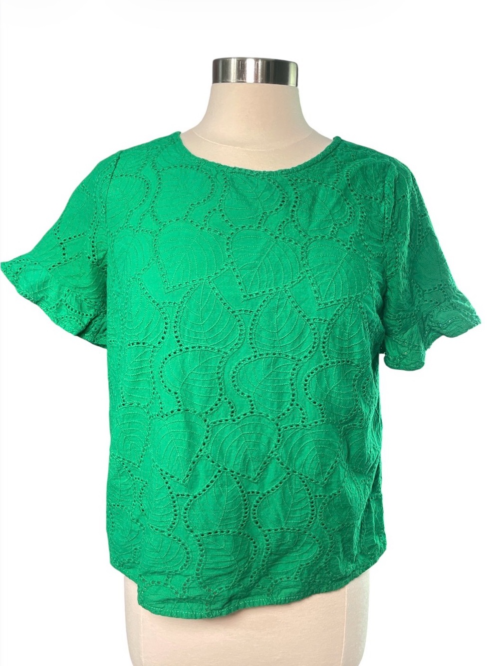 Cotton Green Eyelet Flutter Short Sleeve Top Textured Leaf Crochet Pattern